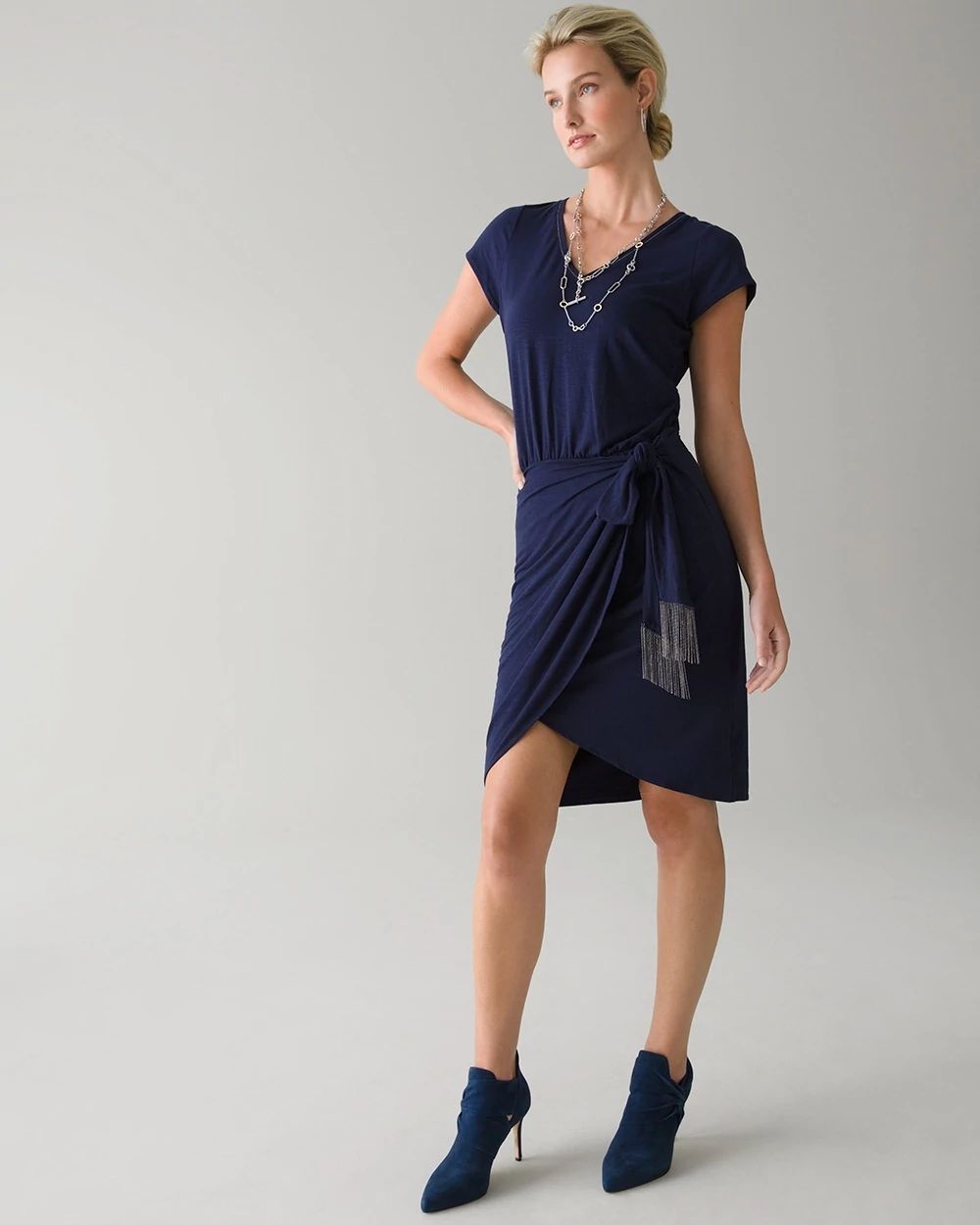 Short Sleeve Ball Chain Fringed Faux Wrap Dress White House Black Market